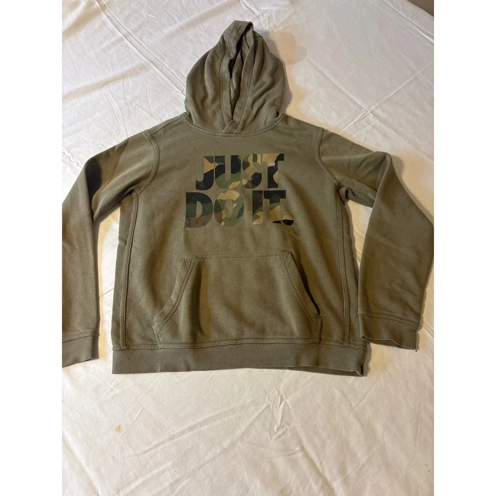 Nike Hoodie Kids M Olive Green Good Just Do It Camo Graphic Pullover